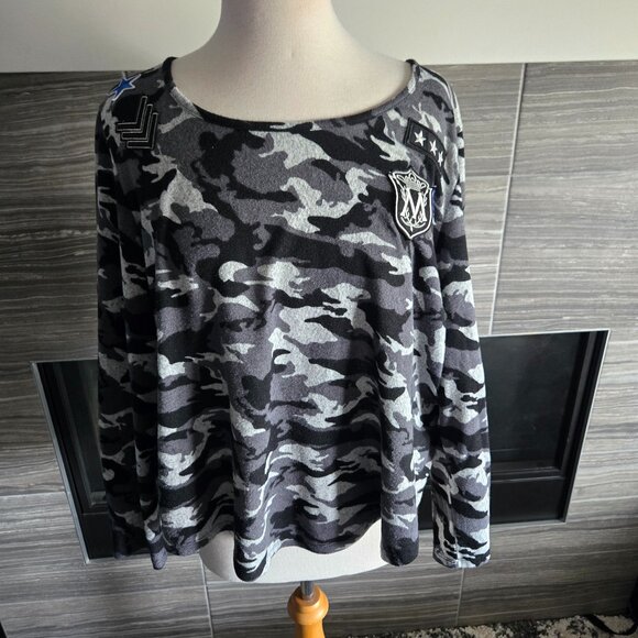 Tribal Jeans XL Grey Black Camo Long Sleeve Top Military Patch Detail Streetwear - Picture 1 of 2